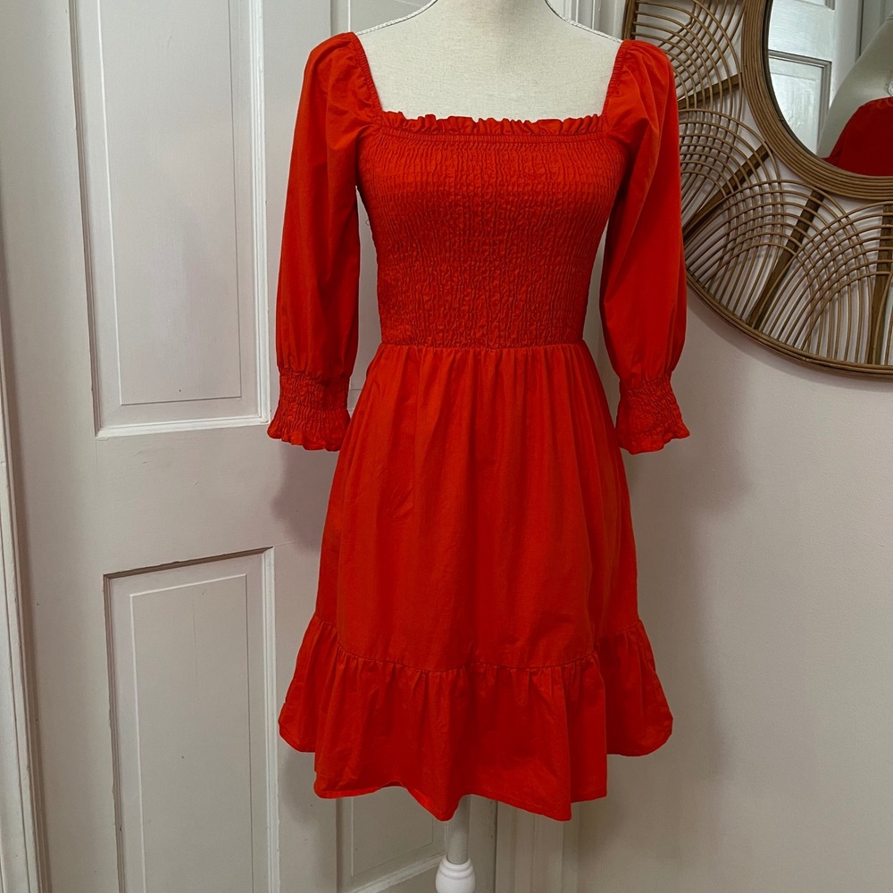 Sim & Sam Tomato Red Cotton Smocked Dress S Boho‎ Cottagecore Prairie Peasant